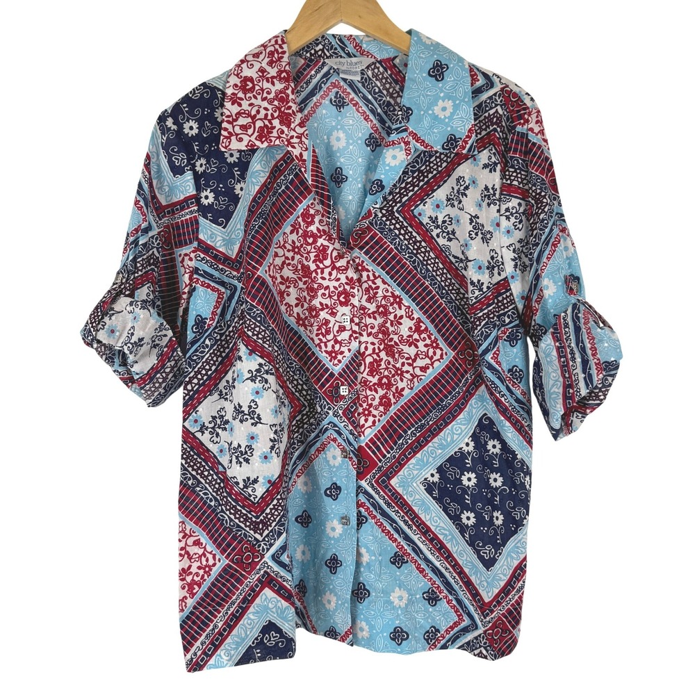 NWT!‎ City Blues by Koret Women's L Cotton Bandanna Print Blouse Shirt Top